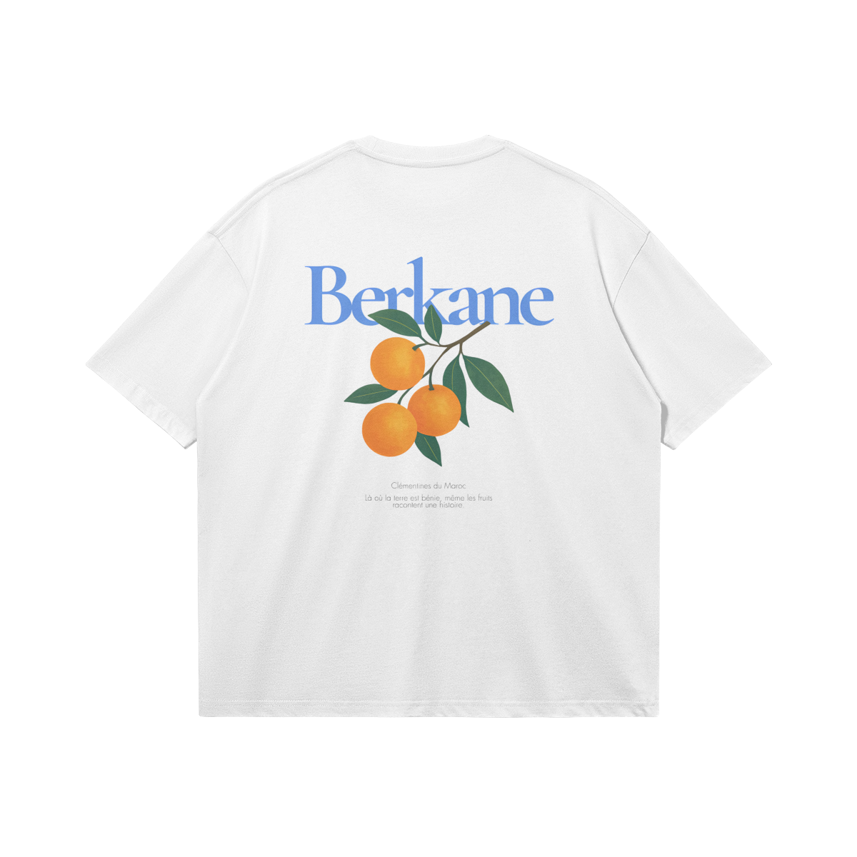 Back view of Berkane orange citrus inspired graphic t-shirt, Le Petit Marocain streetwear, heavyweight boxy fit cotton.