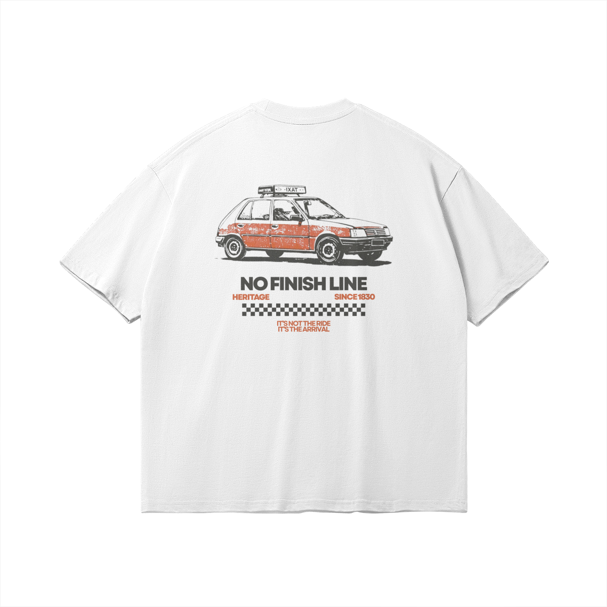 Back of white heavyweight t-shirt featuring a red vintage Fiat Uno taxi graphic and 'No Finish Line' text, oversized fit by Le Petit Marocain.