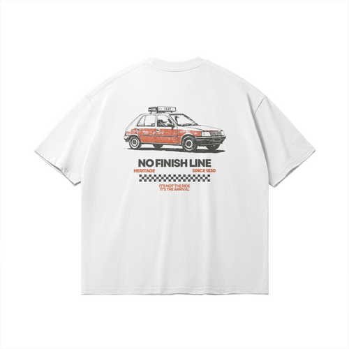 Back of white heavyweight t-shirt featuring a red vintage Fiat Uno taxi graphic and 'No Finish Line' text, oversized fit by Le Petit Marocain.