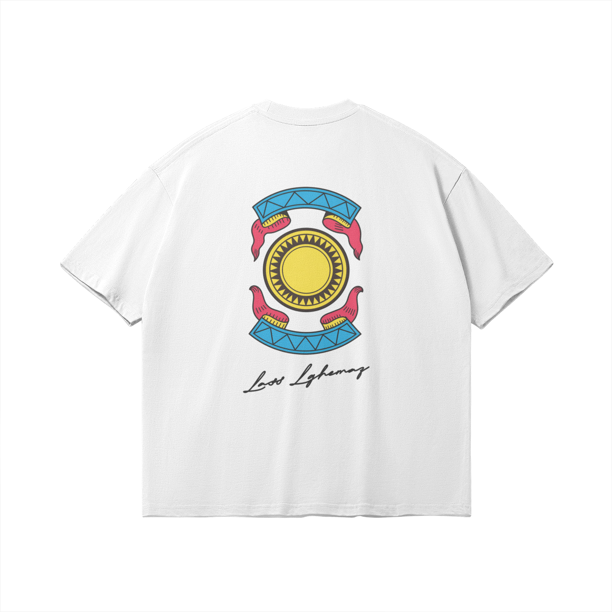 Back side of white graphic tee with a colorful traditional Moroccan Ronda card illustration (L'As d'Or) and 'Lass Lghenaz' script, boxy streetwear fit.