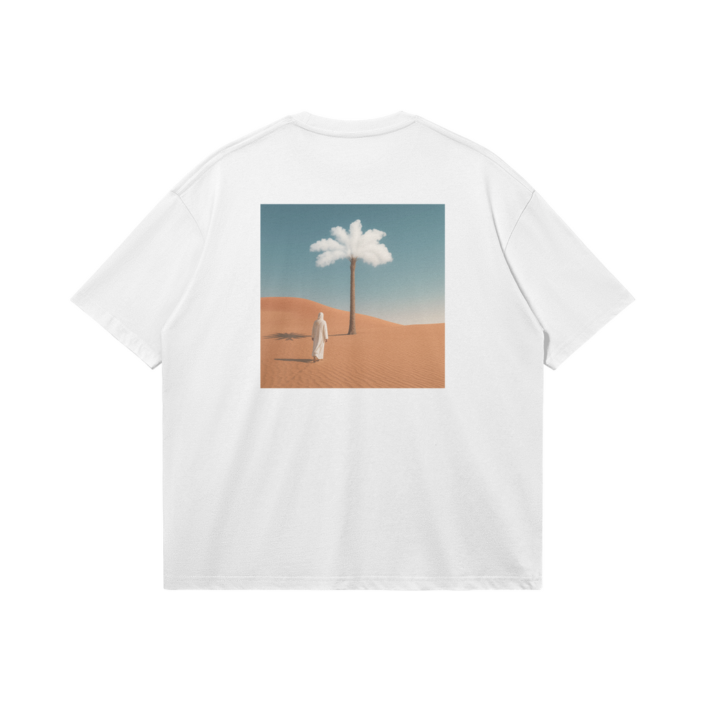 Back side view of Mirage T-shirt by Le Petit Marocain, sand desert inspired graphic, premium boxy fit streetwear in heavyweight cotton.