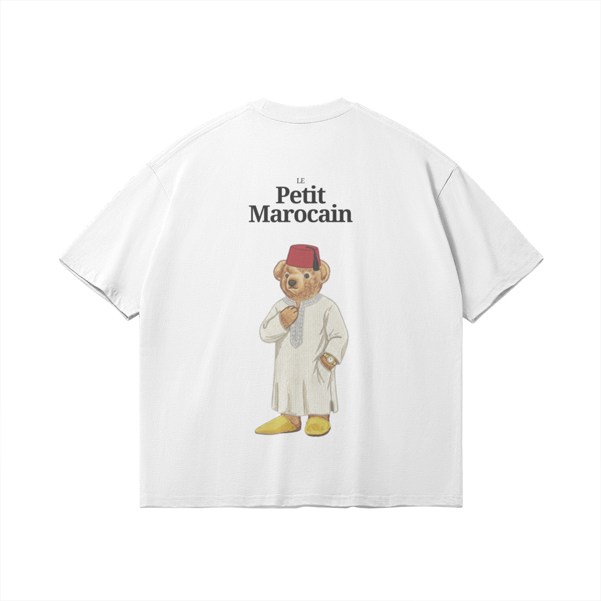 Back of white t-shirt featuring a detailed illustration of a teddy bear wearing a traditional Moroccan Djellaba and Fez, 'Le Petit Marocain' text, premium cultural streetwear.