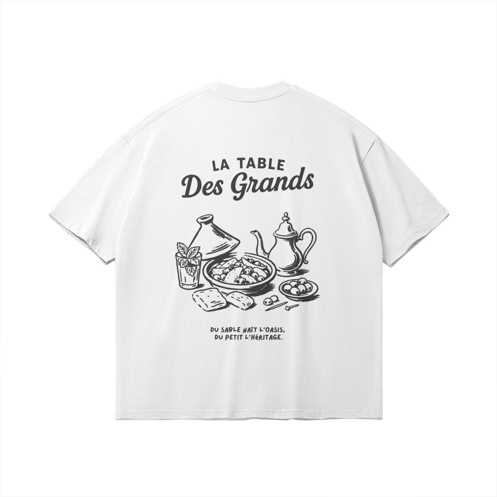 Back view of Minimalist fine-line illustration of a Moroccan table on a premium white t-shirt, Le Petit Marocain, boxy fit.