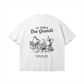 Back view of Minimalist fine-line illustration of a Moroccan table on a premium white t-shirt, Le Petit Marocain, boxy fit.