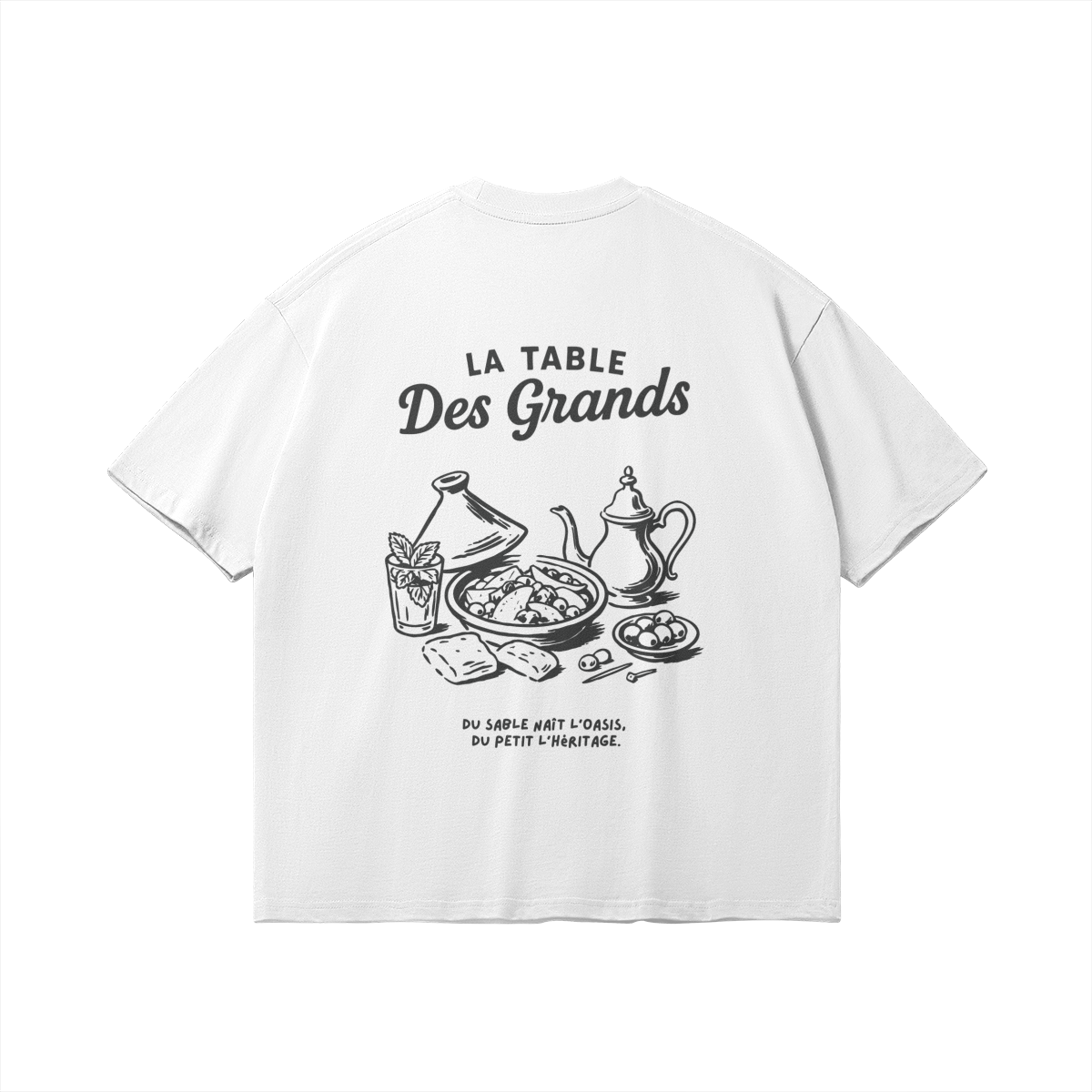 Back view of Minimalist fine-line illustration of a Moroccan table on a premium white t-shirt, Le Petit Marocain, boxy fit.