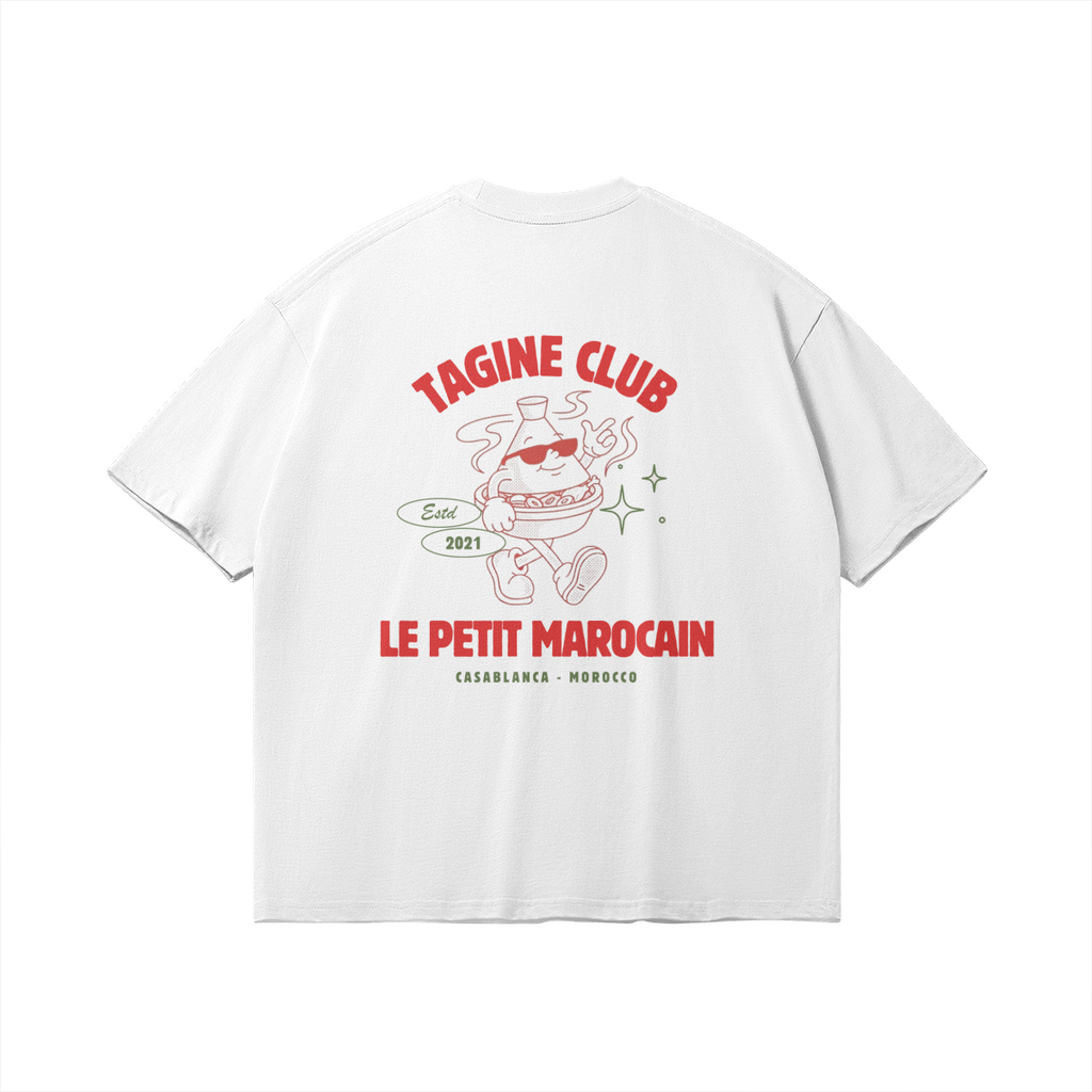 Back of white heavyweight t-shirt featuring a retro cartoon mascot of a walking tagine with sunglasses, 'TAGINE CLUB' red text, and 'LE PETIT MAROCAIN' branding, vintage streetwear fit.