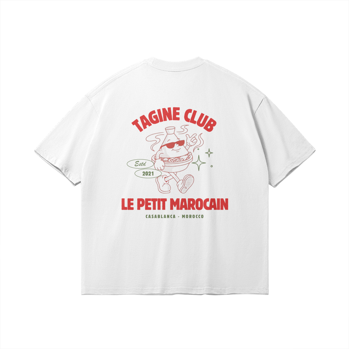 Back of white heavyweight t-shirt featuring a retro cartoon mascot of a walking tagine with sunglasses, 'TAGINE CLUB' red text, and 'LE PETIT MAROCAIN' branding, vintage streetwear fit.