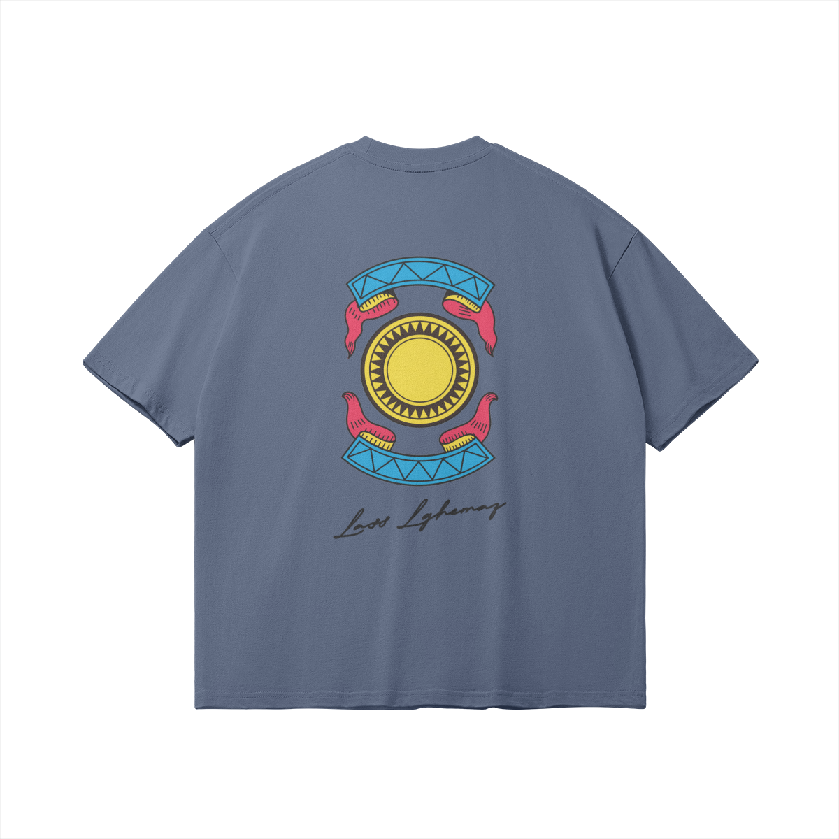 Back side of blue graphic tee with a colorful traditional Moroccan Ronda card illustration (L'As d'Or) and 'Lass Lghenaz' script, boxy streetwear fit.