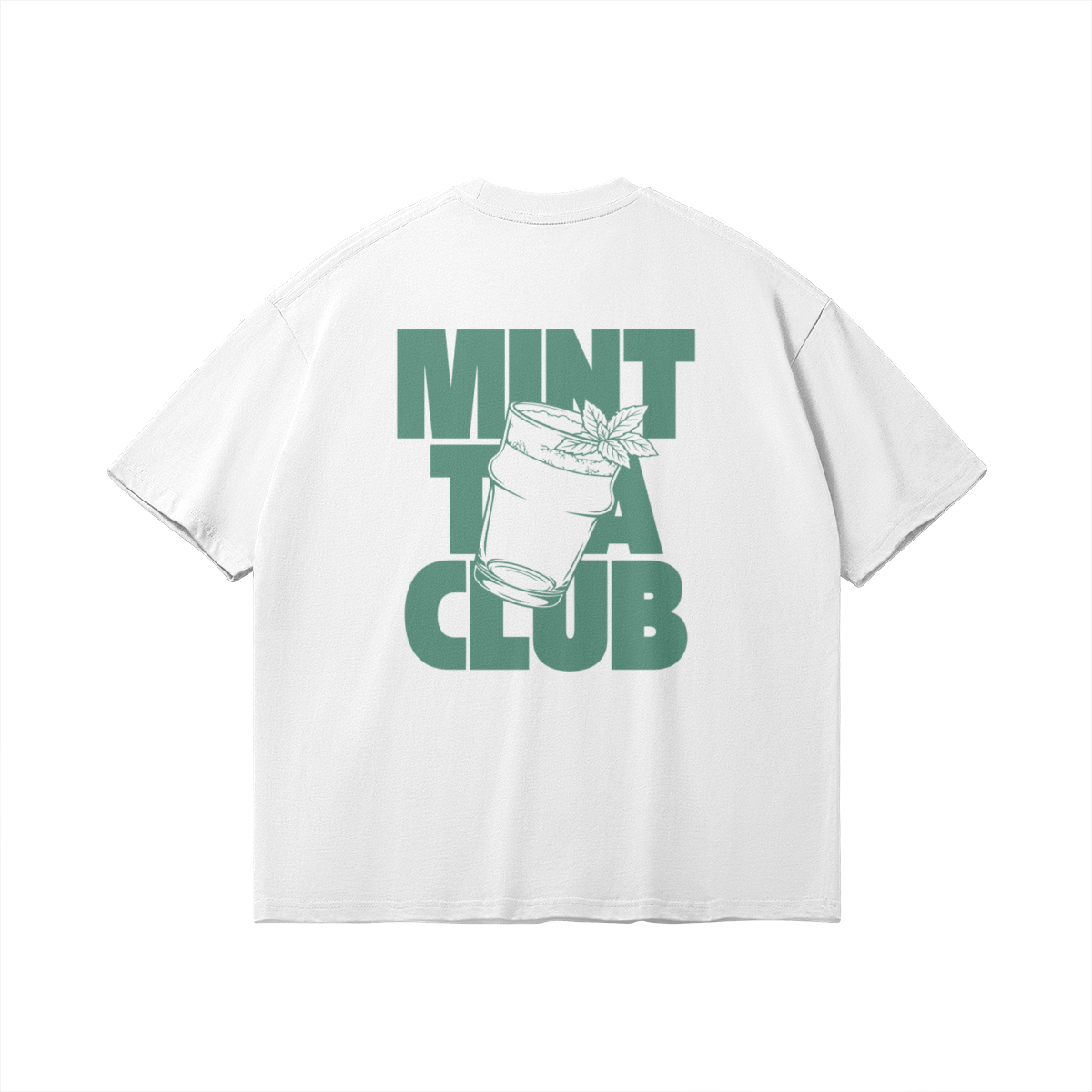 Back of white heavy cotton tee with a clean sage-green graphic featuring a tea glass, fresh mint leaf, and bold 'MINT TEA CLUB' typography, minimalist Moroccan streetwear vibe.