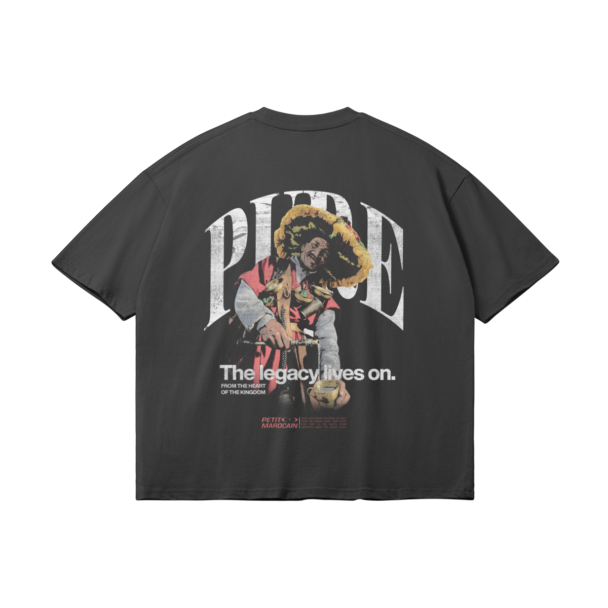 Back view of Guerrab traditional water seller graphic on premium black t-shirt, Le Petit Marocain, boxy fit streetwear.