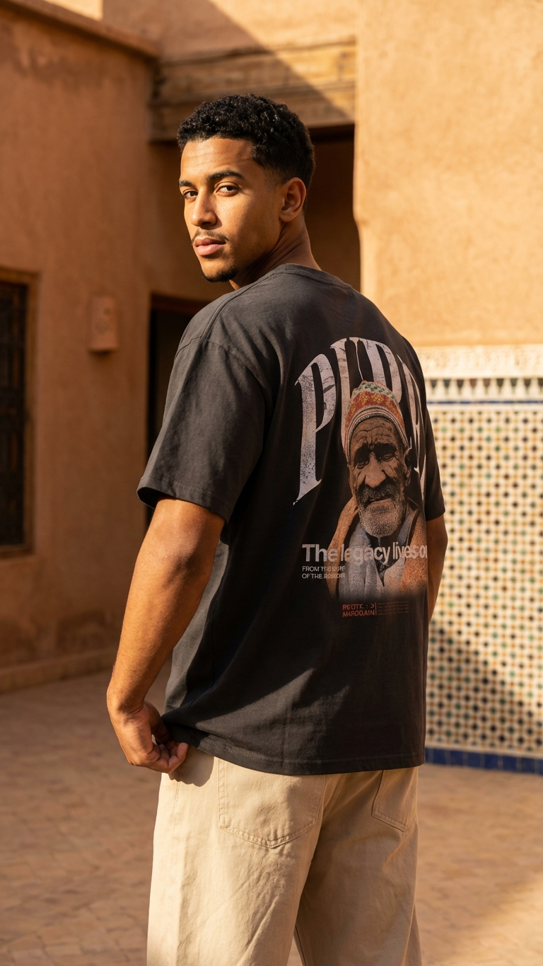 Man wearing the Chibani portrait graphic on premium heavyweight t-shirt, cinematic Moroccan streetwear style, boxy fit and standing against a moroccan Zellij wall