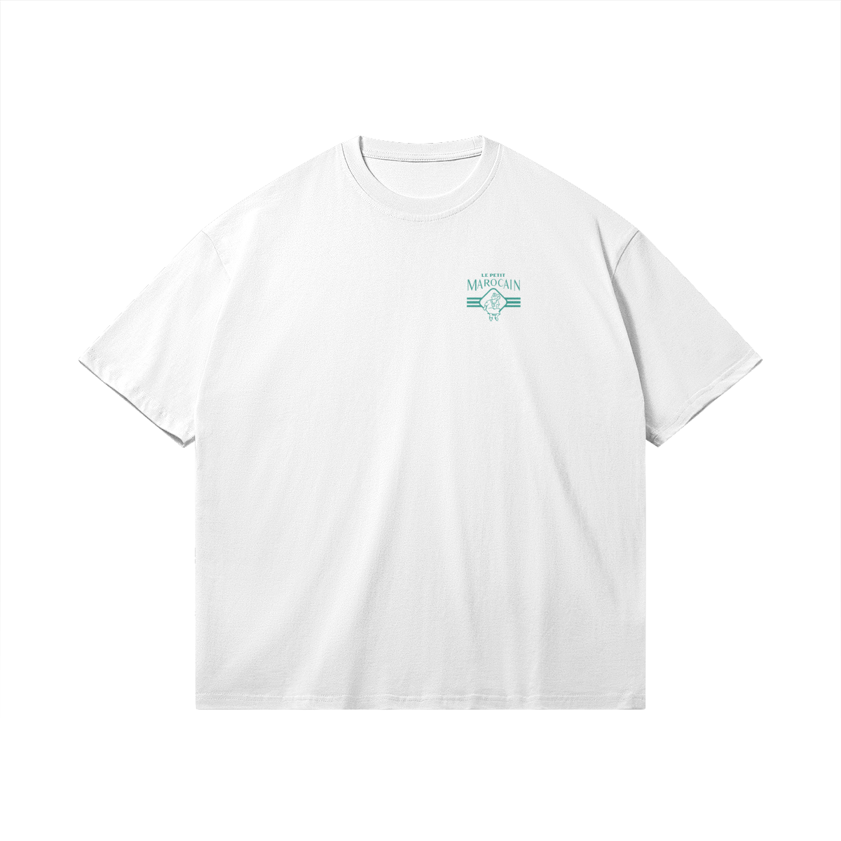 Front side of white heavy cotton tee with a clean sage-green graphic featuring a tea glass, fresh mint leaf, and bold 'MINT TEA CLUB' typography, minimalist Moroccan streetwear vibe.