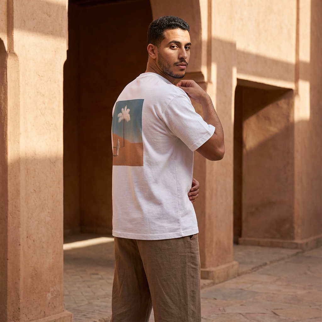 Man wearing the Mirage T-shirt by Le Petit Marocain, sand desert inspired graphic, in an arched stone doorway.