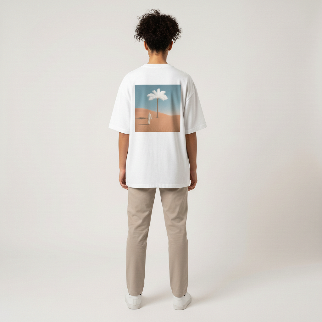 Woman wearing the Mirage T-shirt by Le Petit Marocain, sand desert inspired graphic, standing against a plain background.