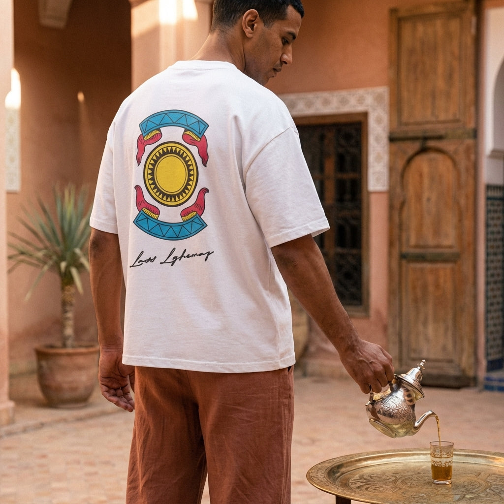 Man pouring tea from a silver teapot into a glass, wearing a white t-shirt with a colorful design.