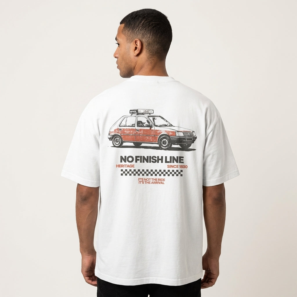 Person wearing a white t-shirt with a moroccan red taxi graphic and text on the back