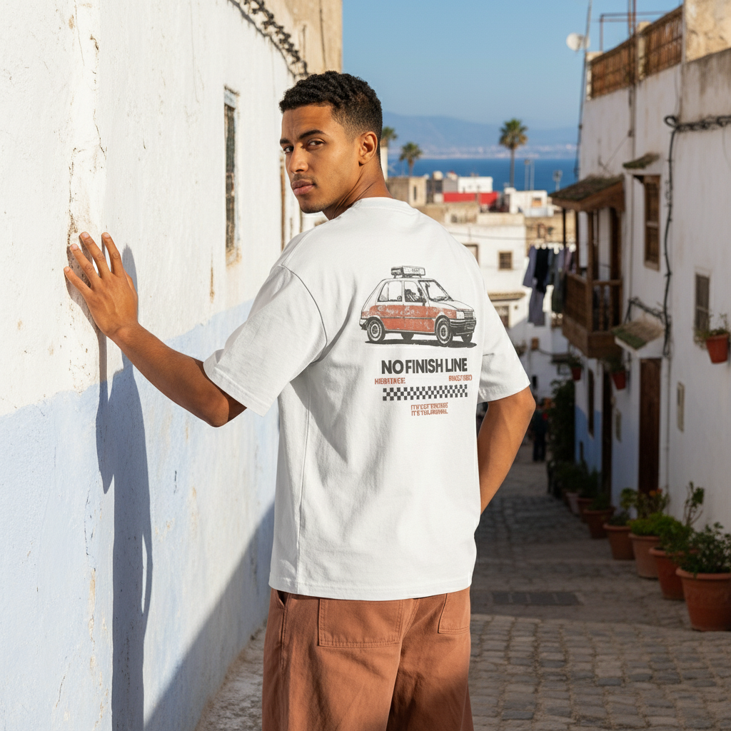 Man wearing a white t-shirt with a moroccan red taxi graphic design, standing in a sunlit alleyway with buildings and plants.