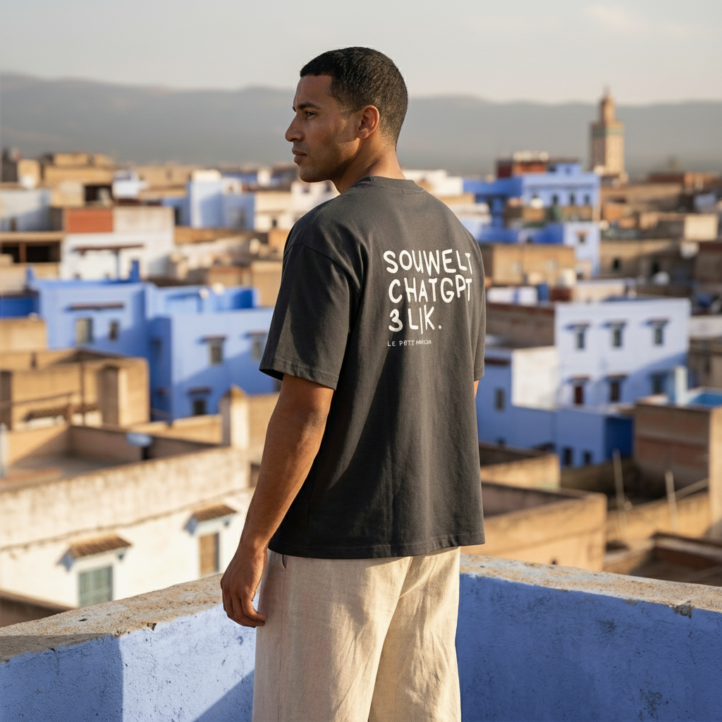Man wearing a black heavyweight t-shirt with high-contrast white hand-drawn text 'SOUWELT CHATGPT 3LIK', oversized streetwear silhouette. He is standing on a rooftop overlooking a cityscape with blue and brown buildings.