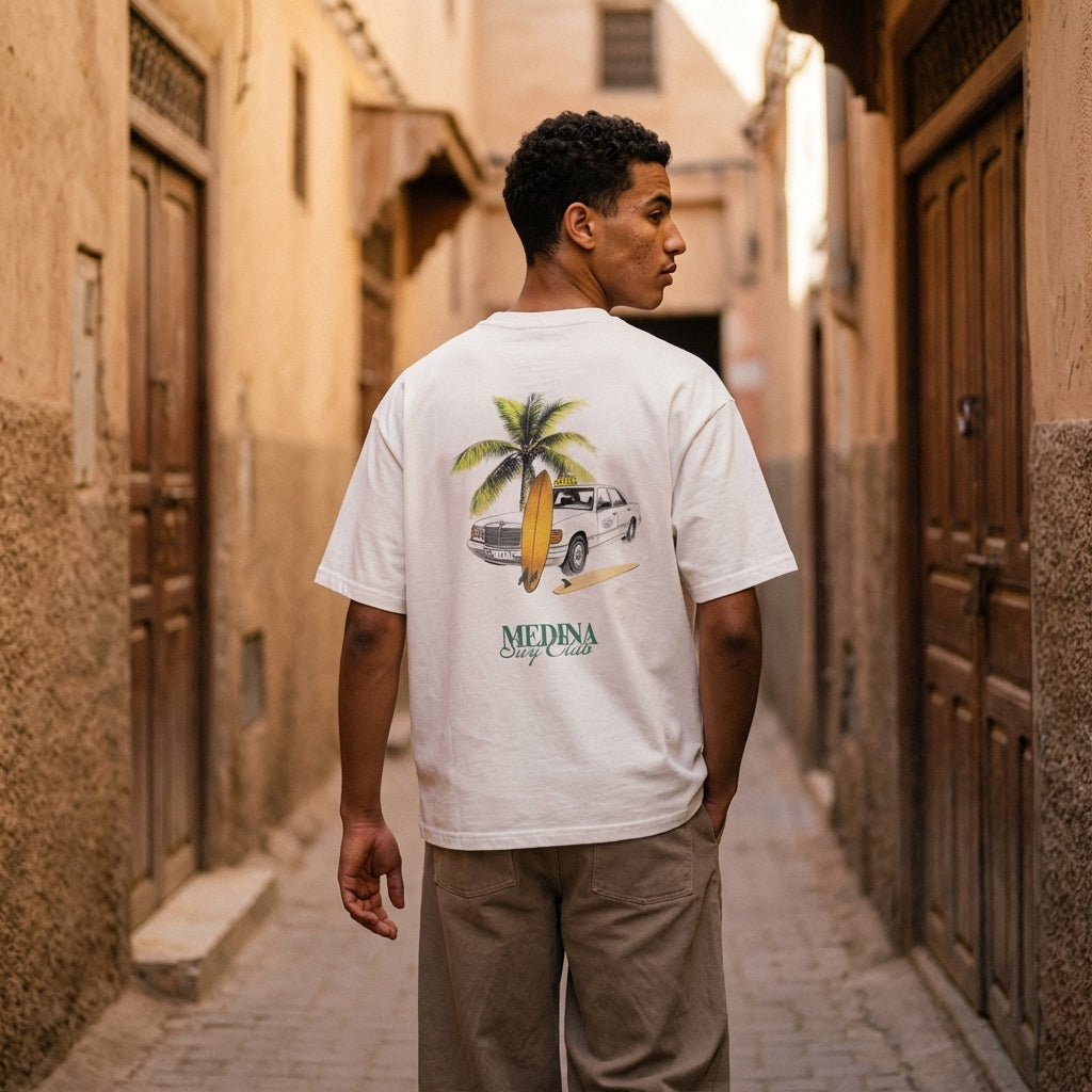 Man wearing a white t-shirt with a palm tree and car graphic in a narrow alleyway.