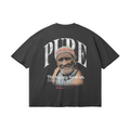 Back view of Chibani portrait graphic on premium heavyweight t-shirt, cinematic Moroccan streetwear style, boxy fit.
