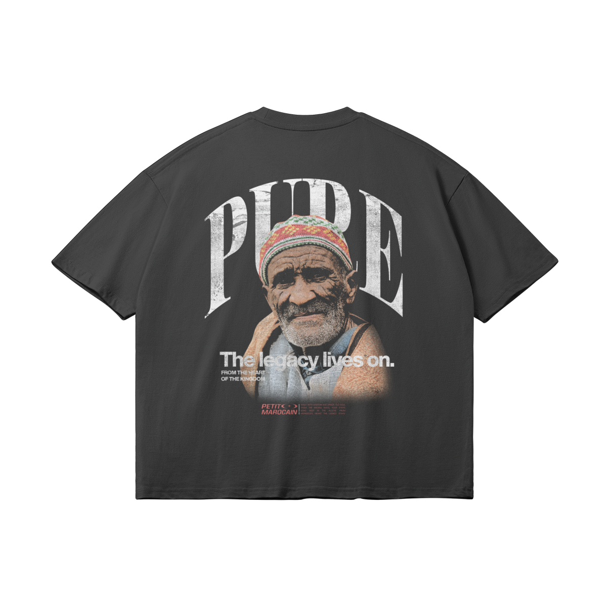 Back view of Chibani portrait graphic on premium heavyweight t-shirt, cinematic Moroccan streetwear style, boxy fit.